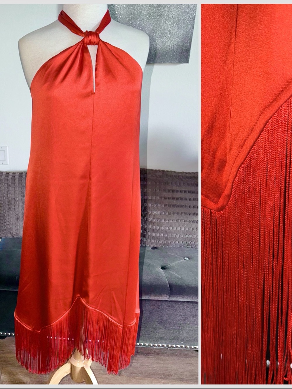 INC Red Orange Halter Fringe Dress Keyhole Neck Sleeveless Stretch Midi